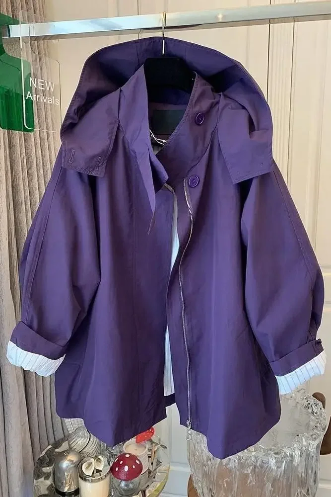 SuperAen Purple Casual Hooded Outdoor Jacket Coat 2024 Autumn New Korean Style Oversize Temperament Fashion Loose Waist Coats