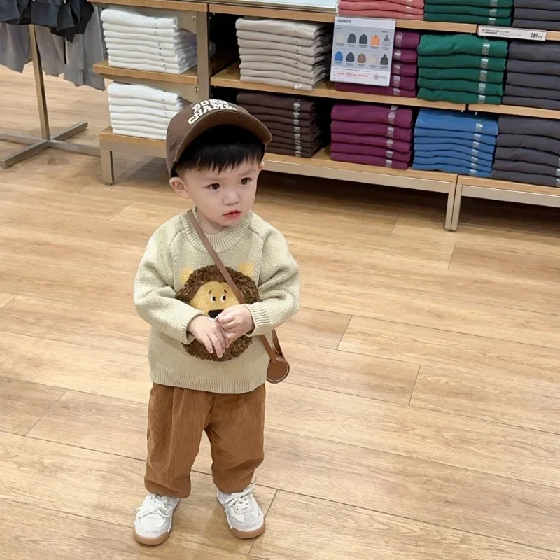아기옷 2023 Winter Baby Clothes Boy Pullover Sweater Baby Cartoon Lion Knitted Top Girl Warm Versatile Sweater Baby Boy Clothe セーター