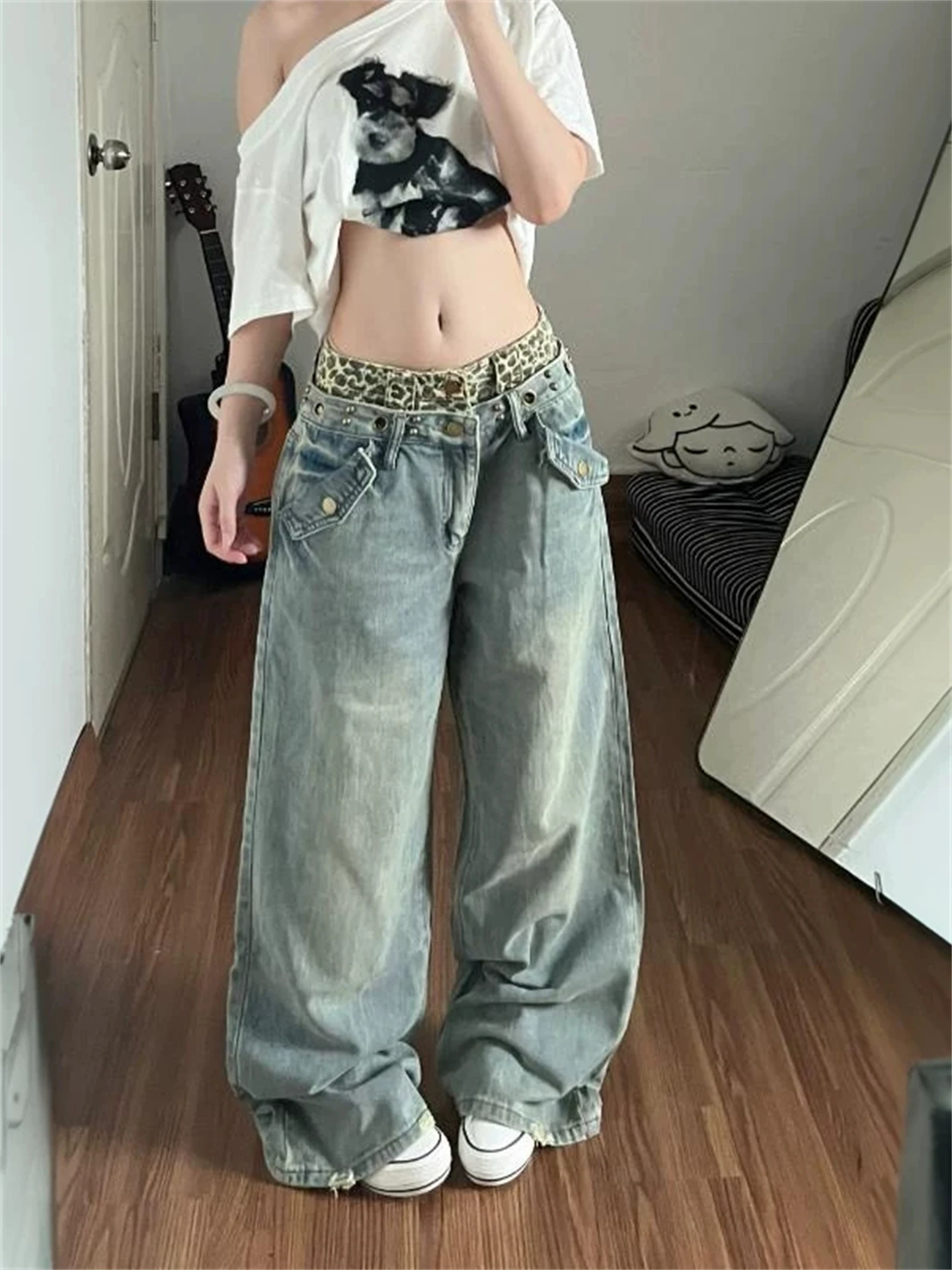 Retro Loose Wide Leg Men's Jeans Rivet Leopard Print Street Style mid Waist Straight Cut Casual Trousers for Teenagers