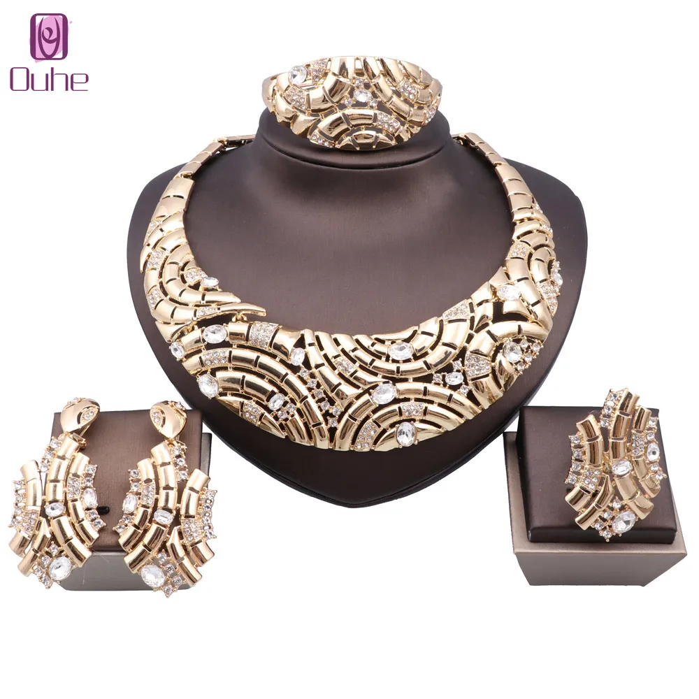 Luxury Dubai Gold Color Rhinestone Crystal Jewelry Sets For Women Necklace Bangle Earrings Ring Wedding Bridal Jewelry Sets