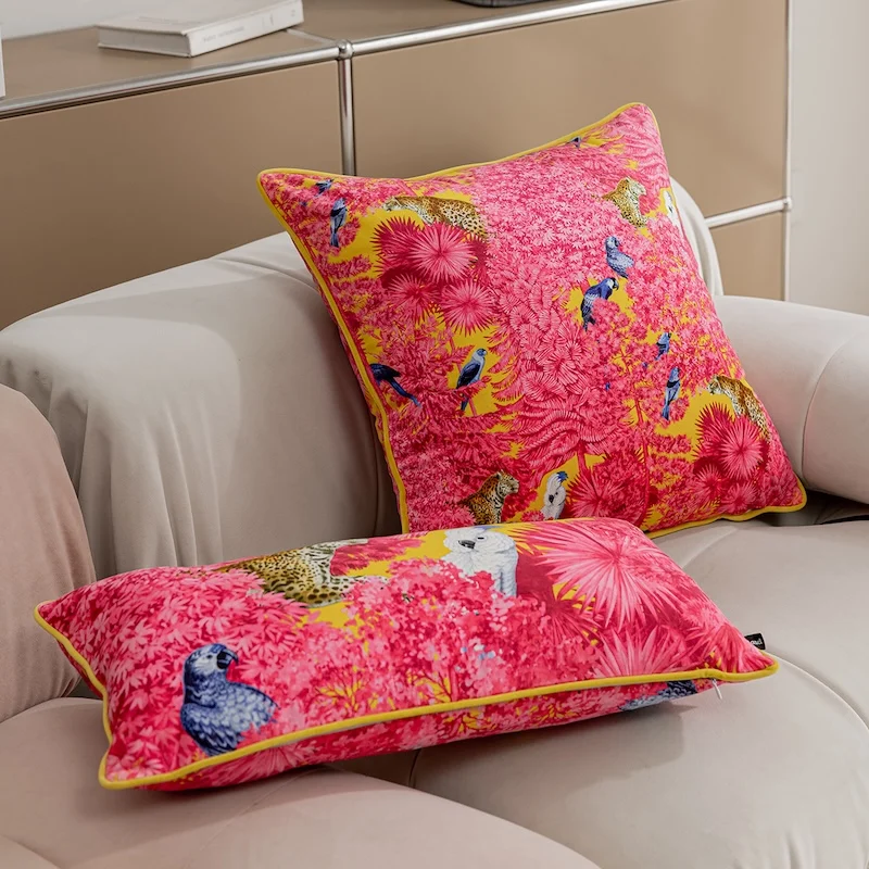 Luxury Red Pink Forest Pillows Jungle Leopard Cushion Case Parrot Decorative Pillow Cover For Sofa Chair Home Decorations