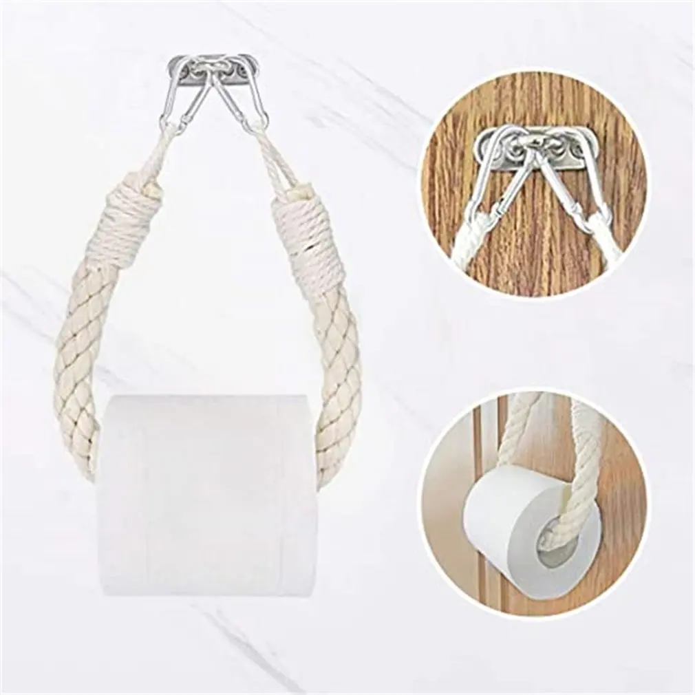 Nail-free Paper Towel Holders Rack Bathroom Towel Hook Toilet Paper Holder Towel Rack Beige Hemp Color