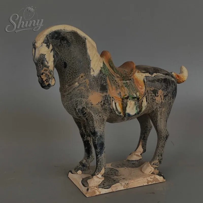 Tang Sancai Black-Glazed Warhorse Antique-Style Ceramic Figurine Ancient Ceramic Antique Get Rich Quick Horse Figurine