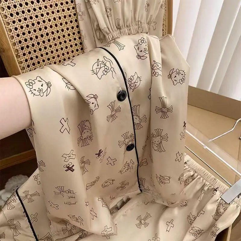 Hello Kitty Female Summer Pajamas Popular Girls Spring Autumn Short-Sleeved Shorts Three-Piece Set Casual Cartoon Home Clothes view 2