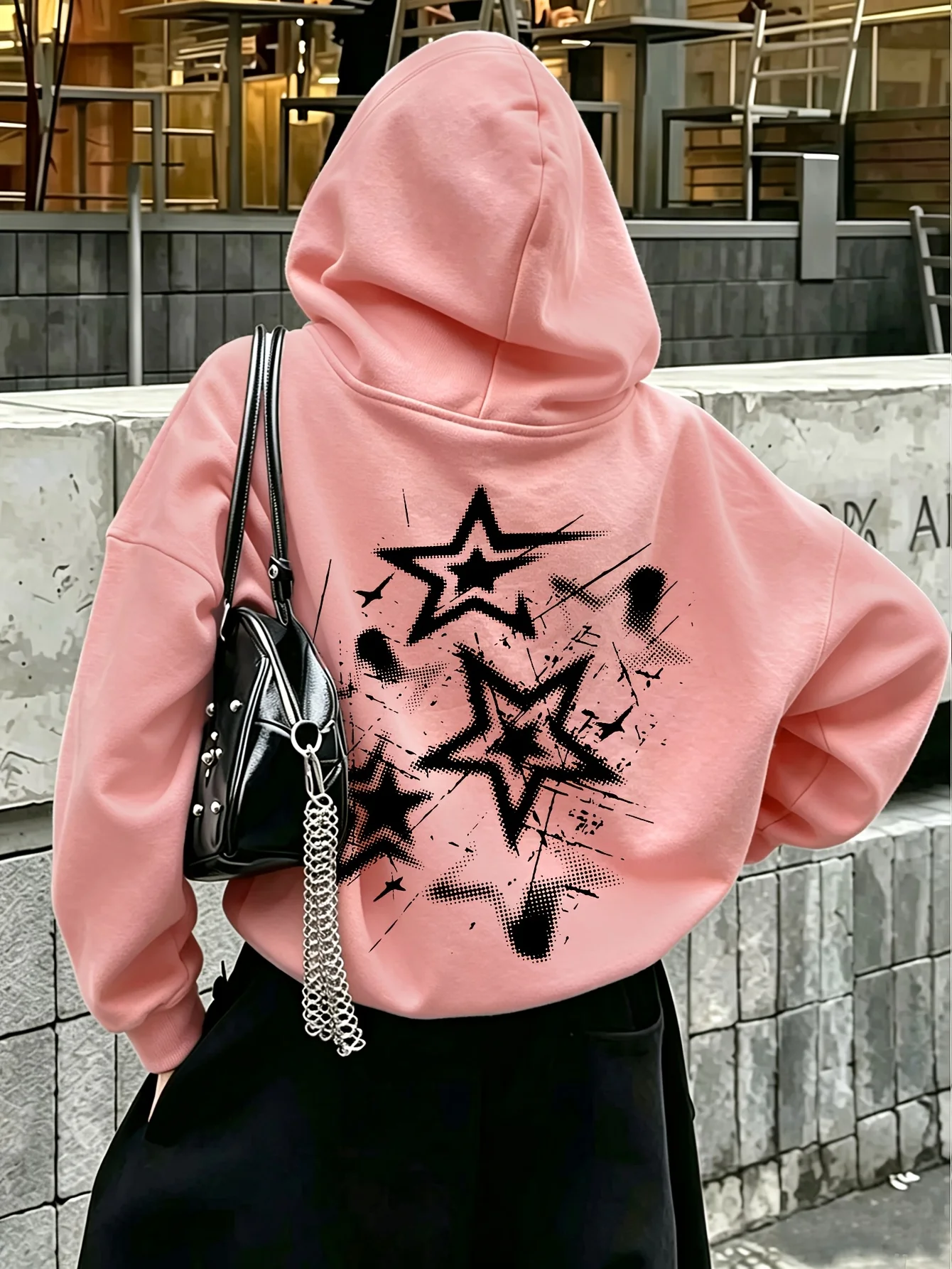 Herren Grunge Star Sport-Hoodie mit Farbspritzer-Print, Hellgrau, Oversize-Pullover, Streetwear-Sweatshirt für Frühling und Herbst – Detail 4
