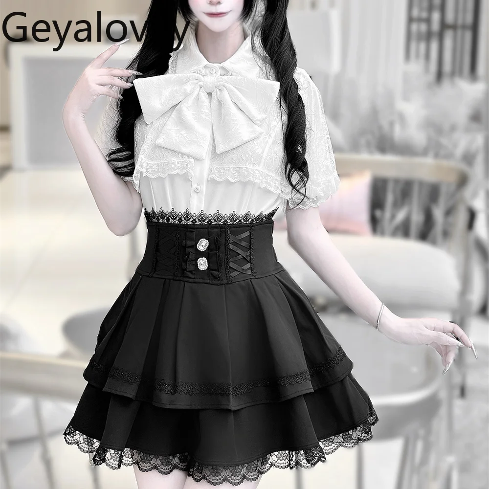 

Sweet Girl Summer New Original Japanese Style Mass-Produced Cape Veil Short Sleeve Shirt and High Waist Slim Fit Short Skirt Set