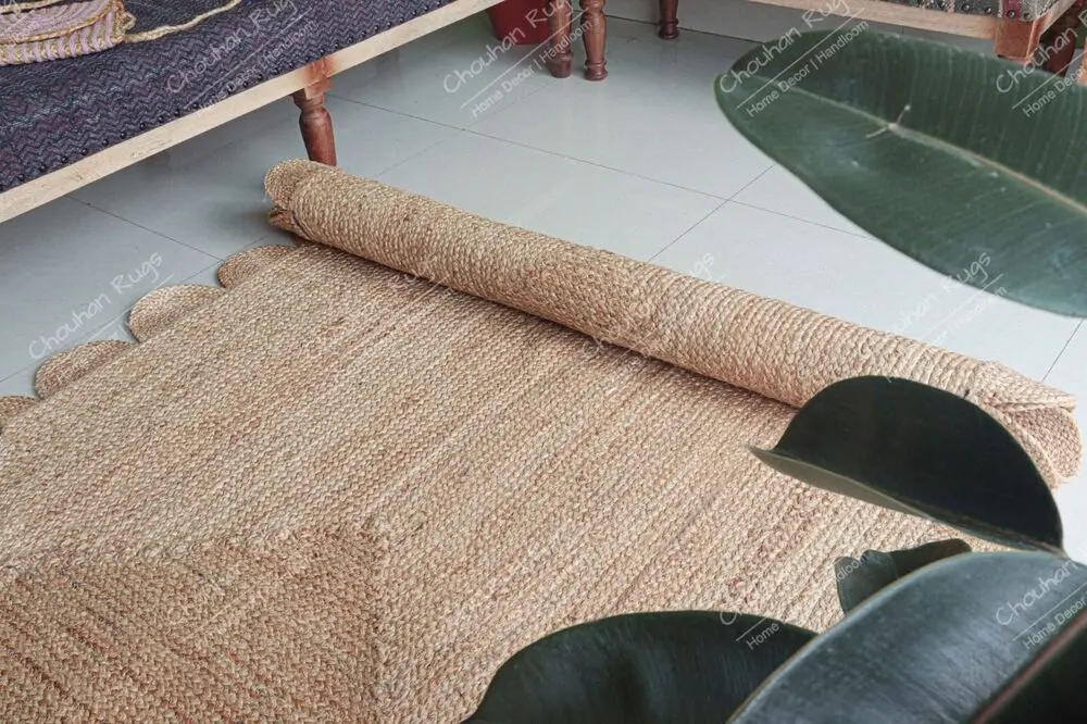 Natural Jute Rug Handwoven Braided Scalloped Runner Carpet Decorative Area Rugs Living Room Decoration