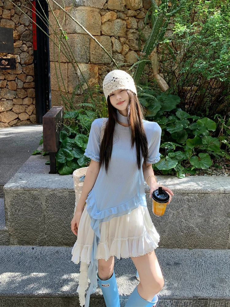 

Summer New Fashion Women's Short Sleeve T-Shirt And Skirt Set High Waist Ballet Style Half-length Irregular Ruffle Design