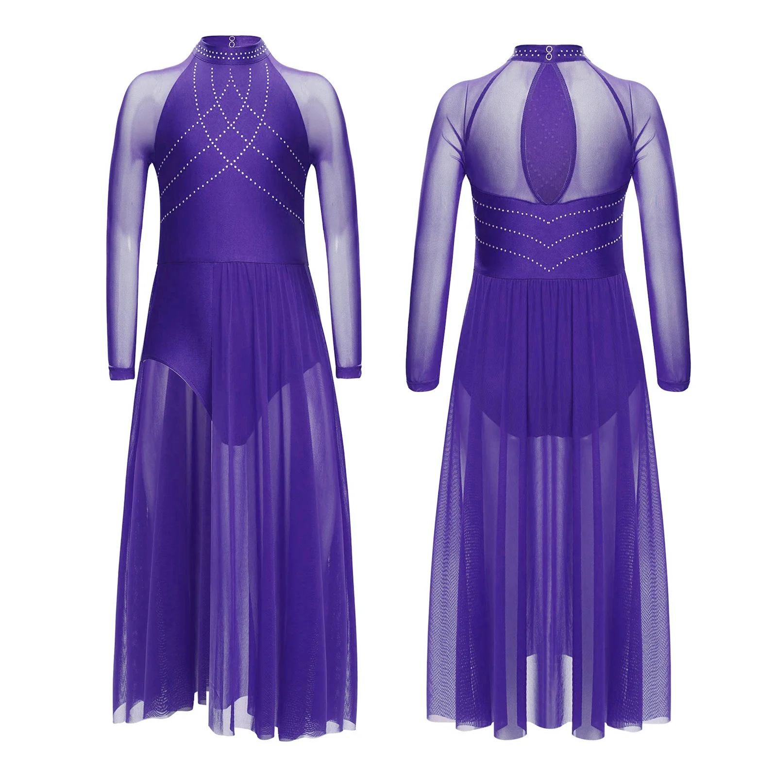 Kids Girls Long Sleeve Shiny Rhinestones Sheer Mesh Modern Lyrical Dance Leotard Dress for Figure Skating Gymnastics Acrobatics
