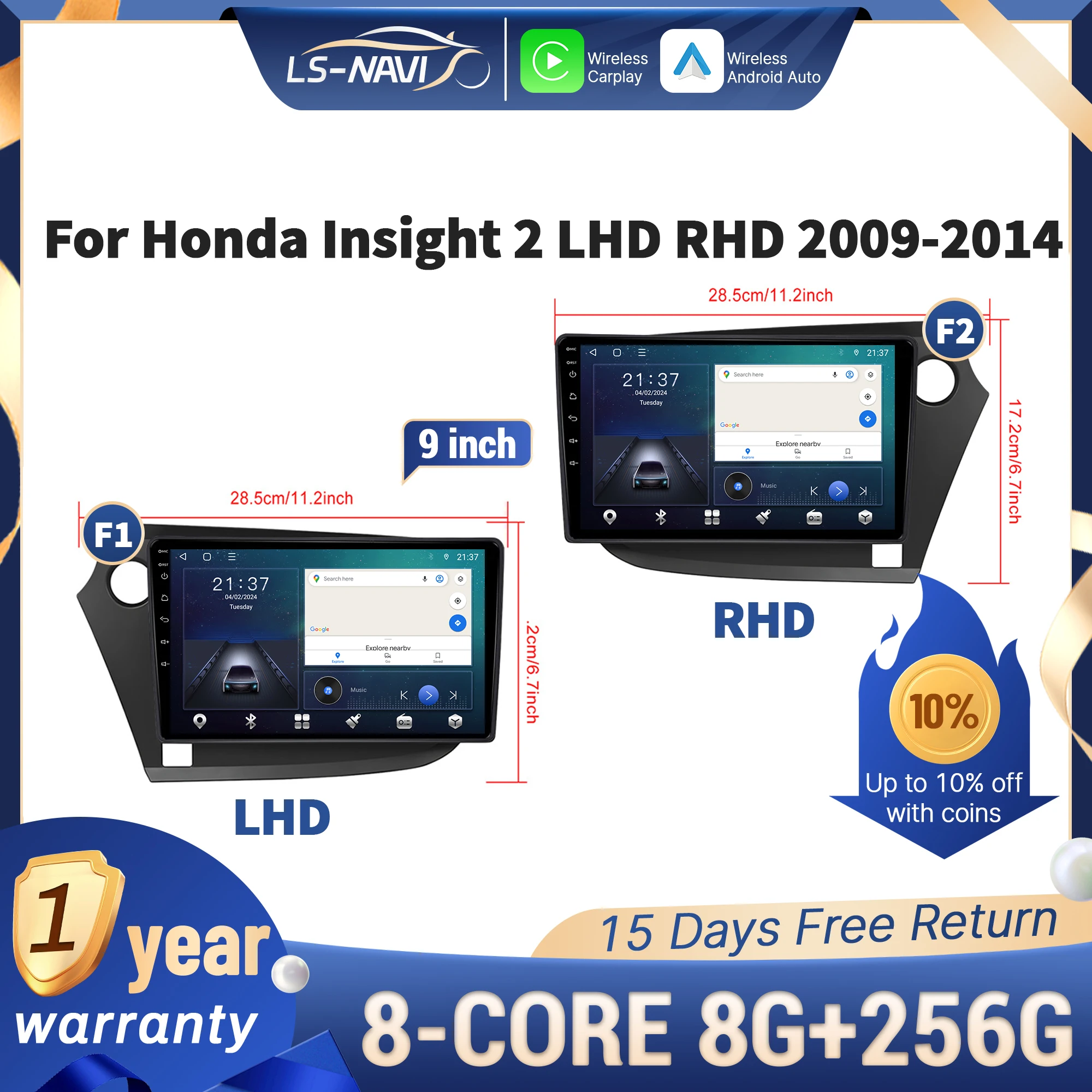 

Carplay сенсорный экран головное устройство стерео для Honda Insight 2LHD RHD 2009-2014 беспроводной GPS мультимедийный автомобильный радиоприемник