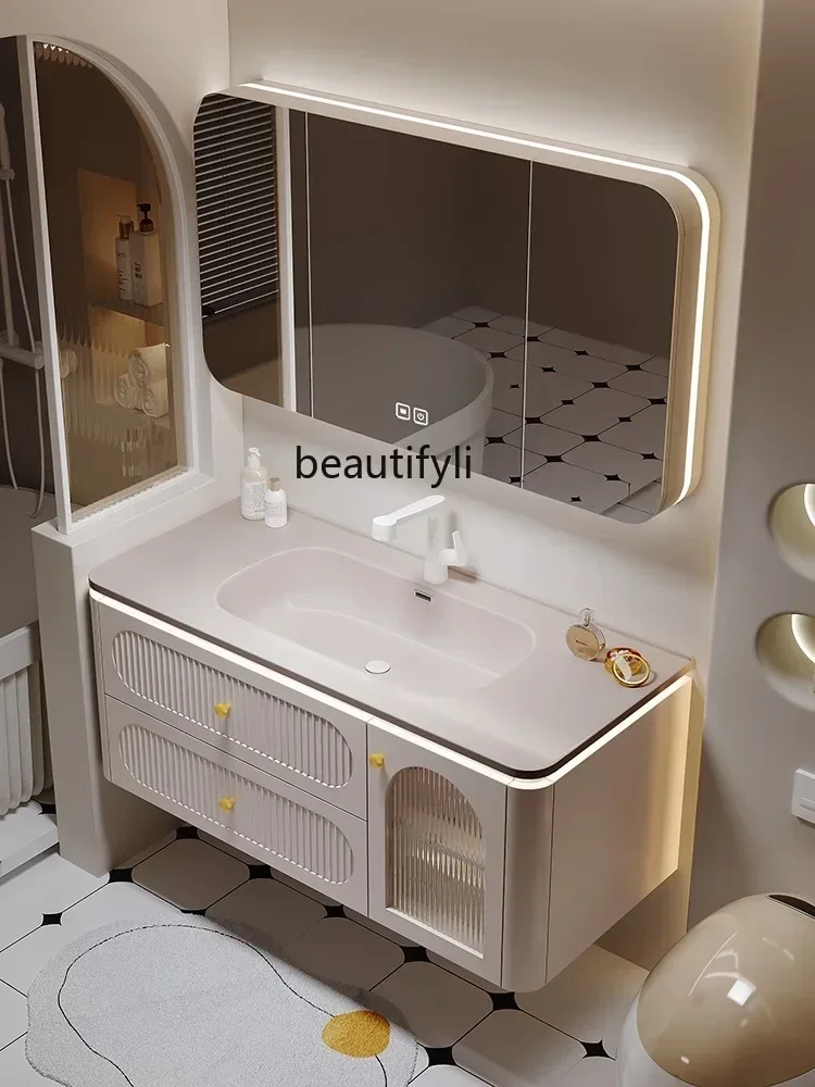 

Modern Light Luxury Solid Wood Paint Bathroom Cabinet Hot Bending Ceramic Whole Washbin Smart Mirror Cabinet