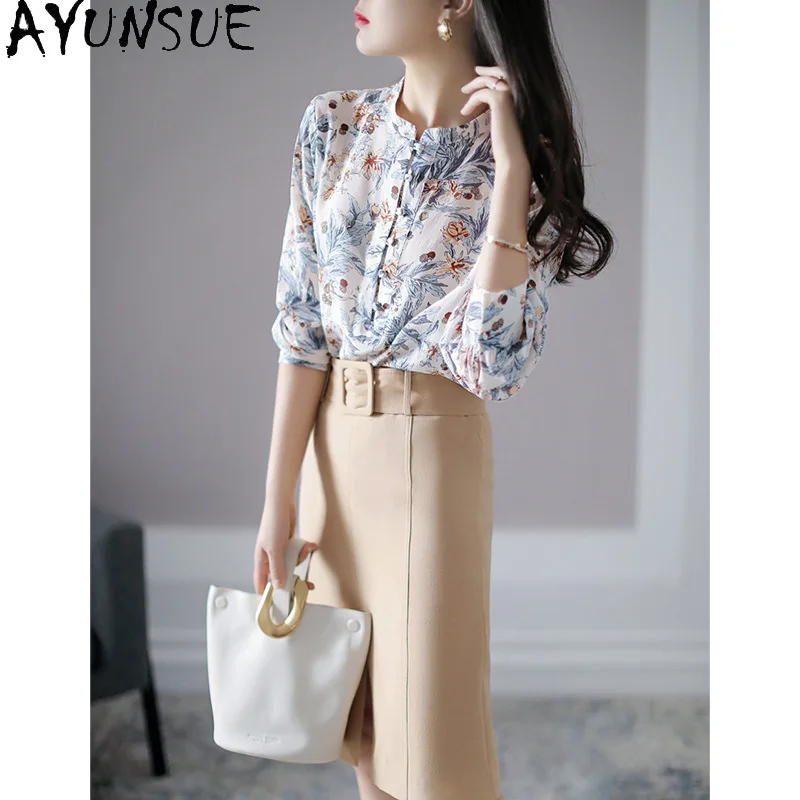 

AYUNSUE Double Crepe Mulberry Silk Women's Blouses and Shirts Floral Long Sleeve Tops for Woman Spring Shirt Woman Clothes 블라우스