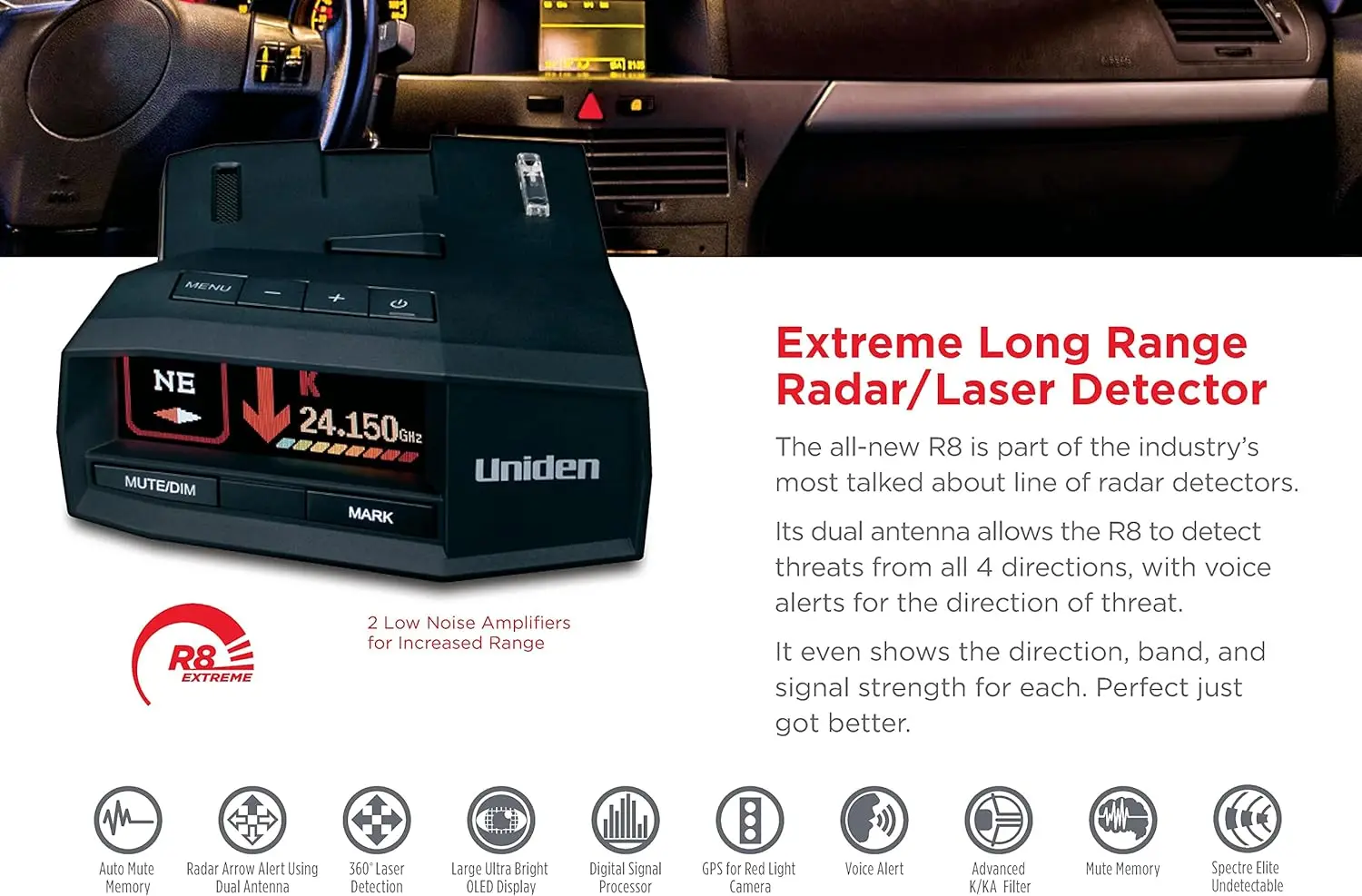 Detector de radar/laser de longo alcance extremo R8, detecção frontal e traseira de antenas duplas, GPS integrado com alertas em tempo real, EUA