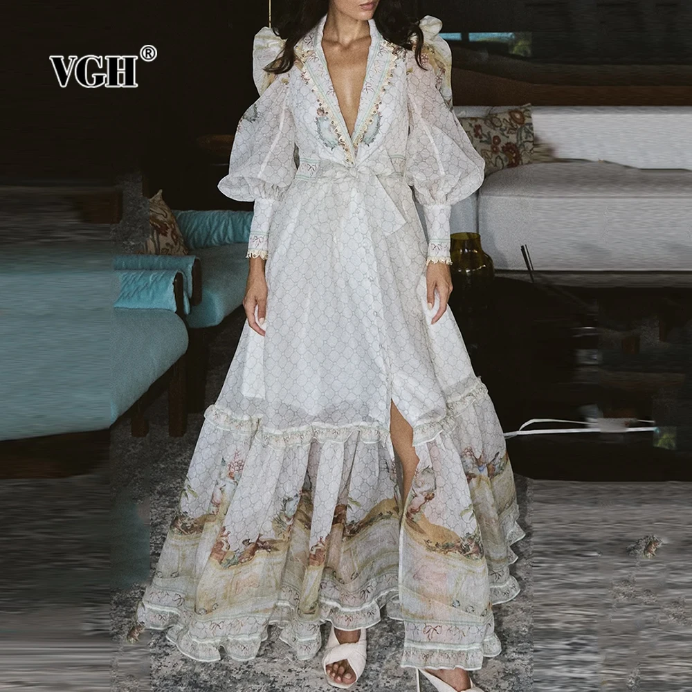 เดรสผ้าโปร่งลายสก็อตสไตล์ฝรั่งเศสย้อนยุค VGH สำหรับผู้หญิง ปกเสื้อแบบปกเชิ้ต คอวี แขนยาว ตัดต่อผ้าหลายชั้น ดีไซน์หรูหรา ยาว สำหรับฤดูใบไม้ร่วง