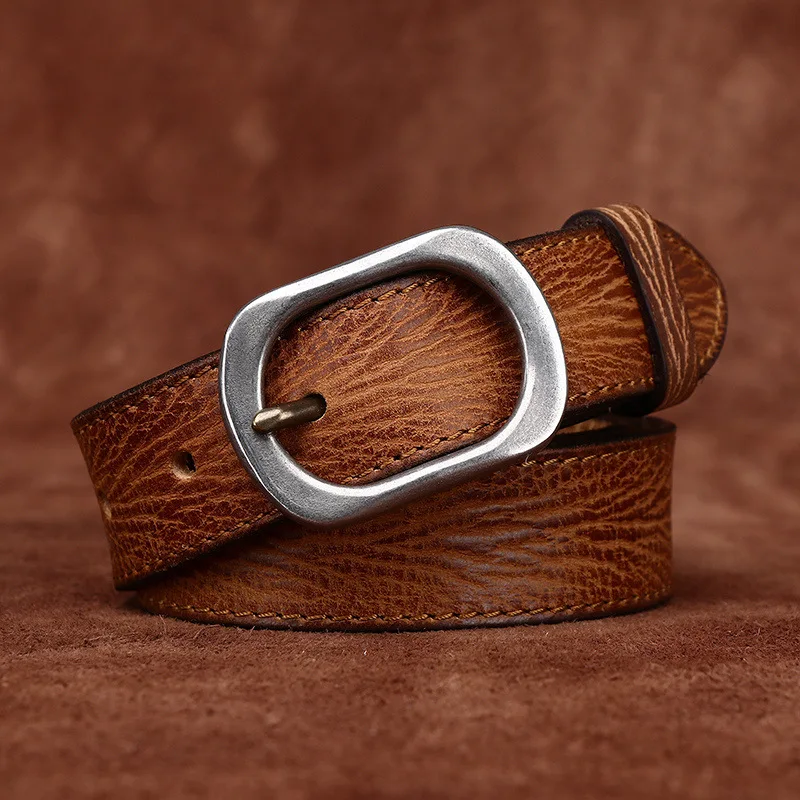 

3CM Wide Retro Concave Texture Ladies Belt Full Grain Leather Versatile Casual Waistband