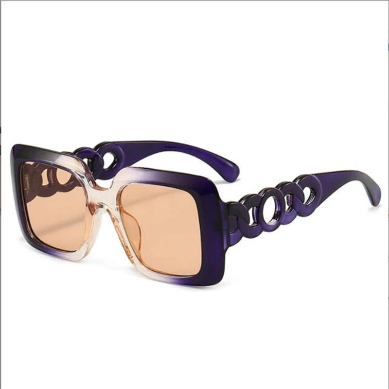 Woman with purple square sunglasses with large frame Black stylish wide-legged glasses with cut-out Unisex shade mirror M5389