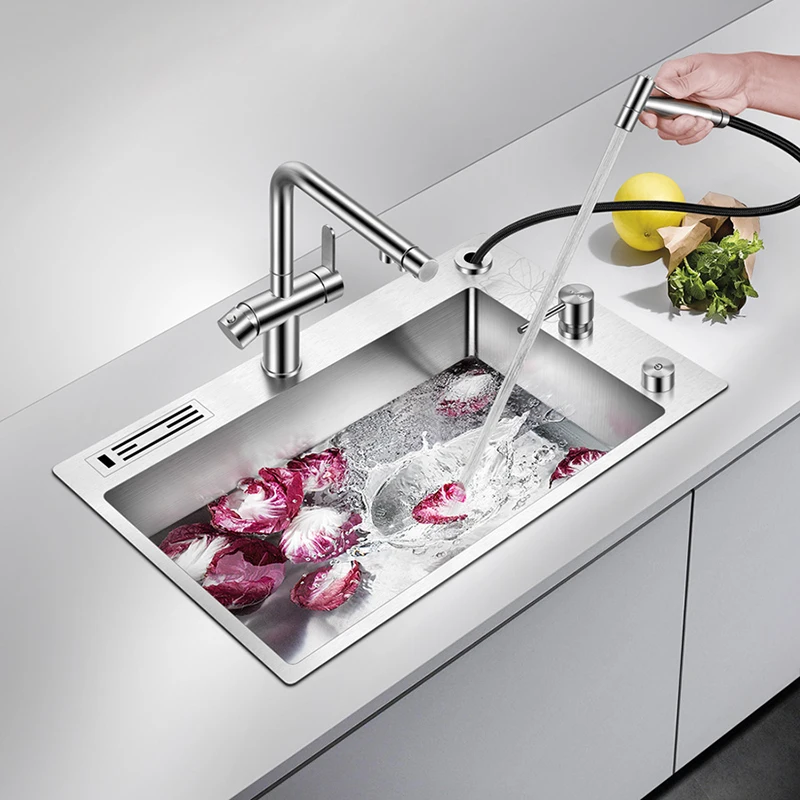 304 stainless steel single-bowl multi-function kitchen sink with knife holder trash can glass washer kitchen sink