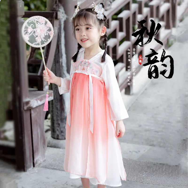 Girl Spring Autumn New Ancient Embroidery Hanfu Chinese Style Traditional Dress Kid Party Evening Performance Vestido Costume 