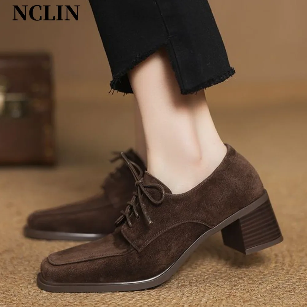 

Fashion Women's Shoes Real Leather 2025 Spring New Lace-up Single Shoes Female Thick Heels Plus Size Women's Oxford Shoes
