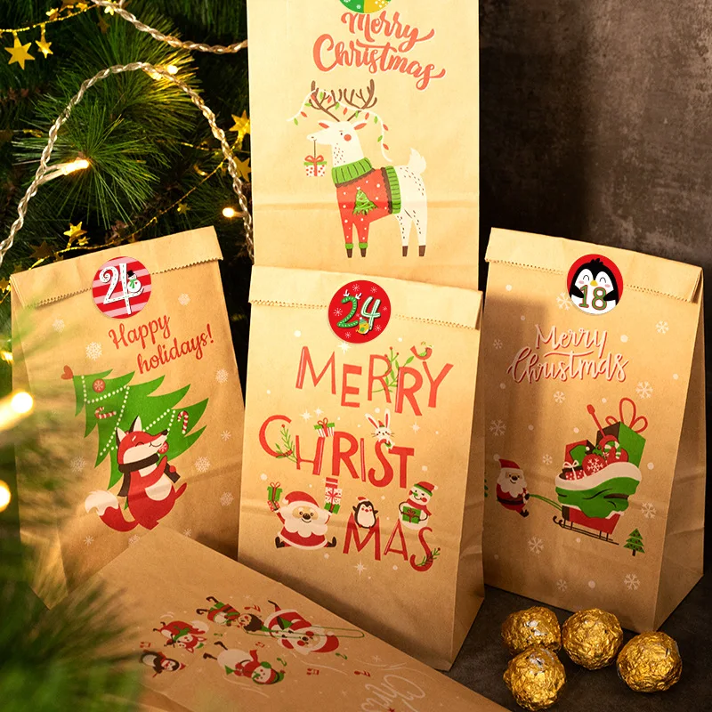 

24Sets Merry Christmas Gift Bags Retro Santa Claus Fox Kraft Paper Bags with Stickers Xmas Party Favor Bags DIY Advent Calendar