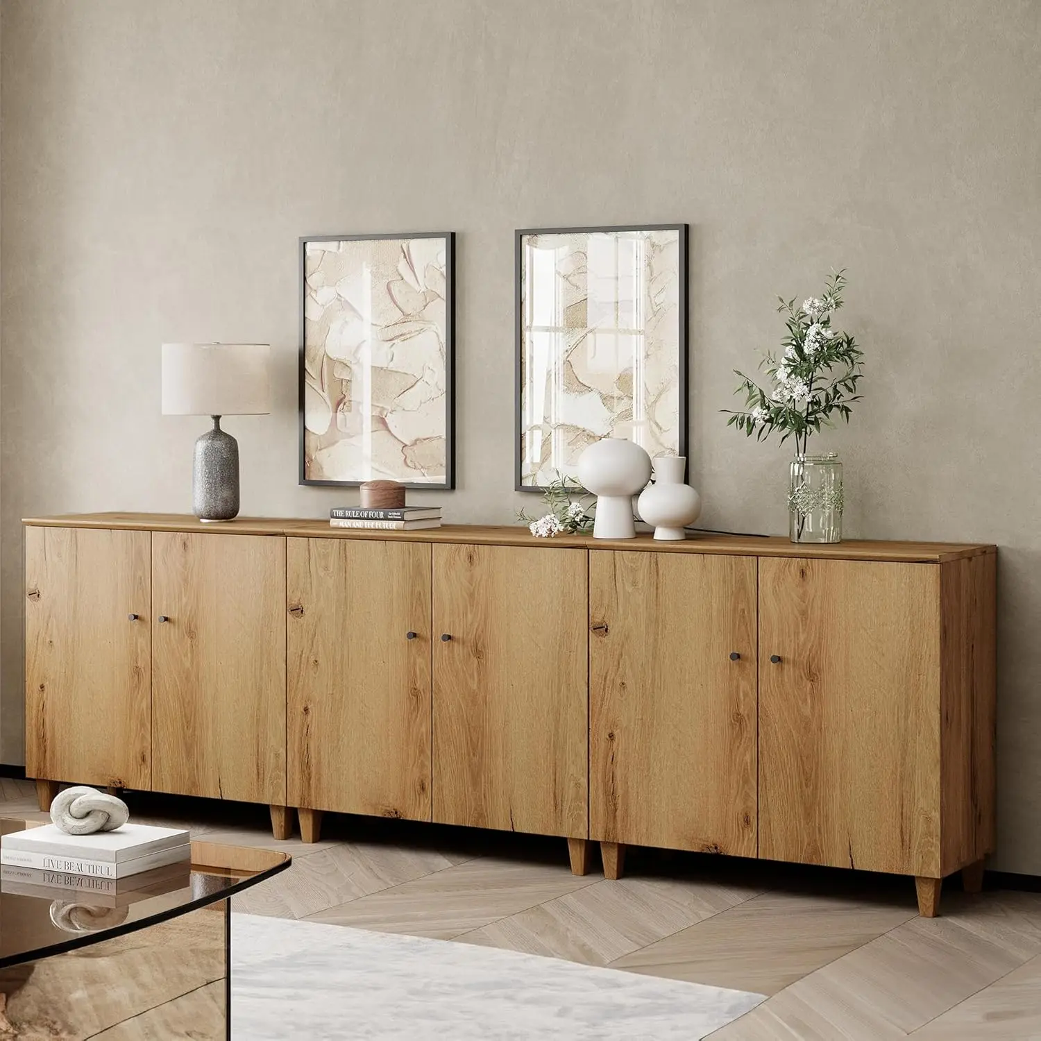 

TV Stand Cabinets for 85+ Inches TVs, 3-in-1 Wood Entertainment Center with Doors and 9 Compartments, 106" Media Console Table