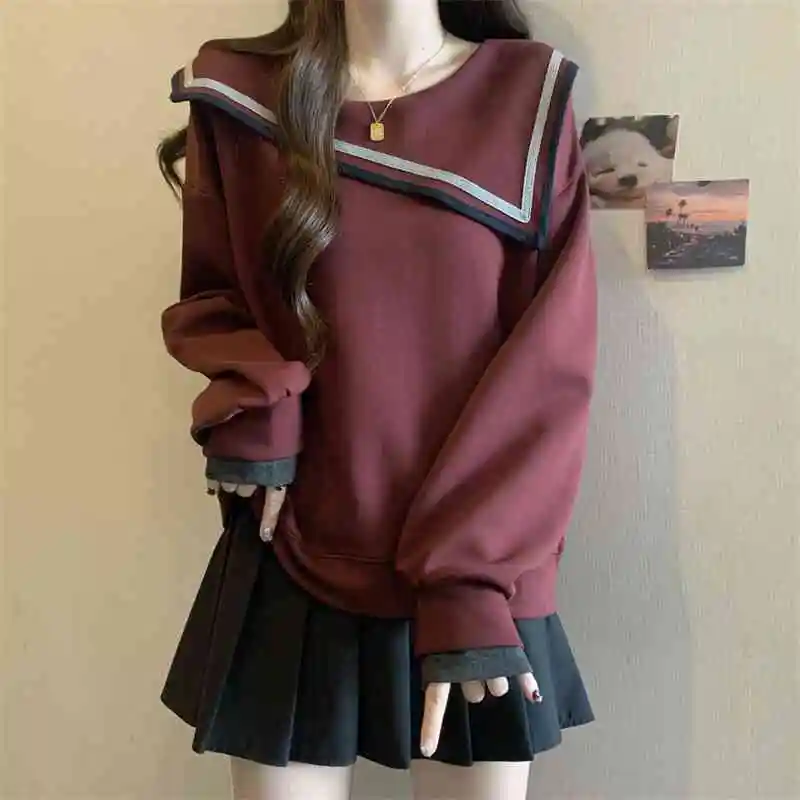 

Elegant Sailor Collar Asymmetrical Sweatshirts Women Fashion Korean Long Sleeve Pullover Tops Female Spring Autumn Pull Outwear