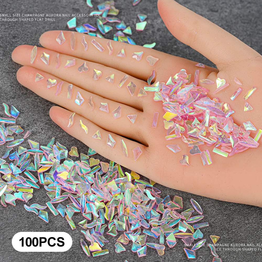 100 pçs forma mista resina cristal strass encantos do prego 3d aurora rosa verde flatback diamante unhas gemas para decoração da arte do prego