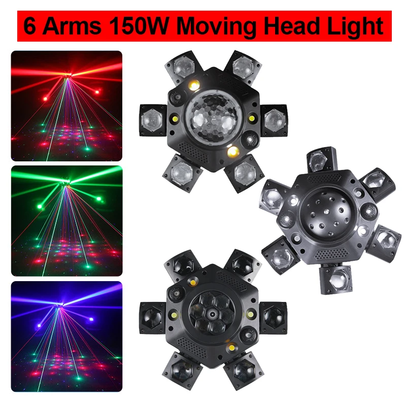 Disco Light 150W 6 Arms Moving Head Light with Beam Laser Strobe Effect DMX Sound Control for Stage Party Wedding DJ KTV Bar