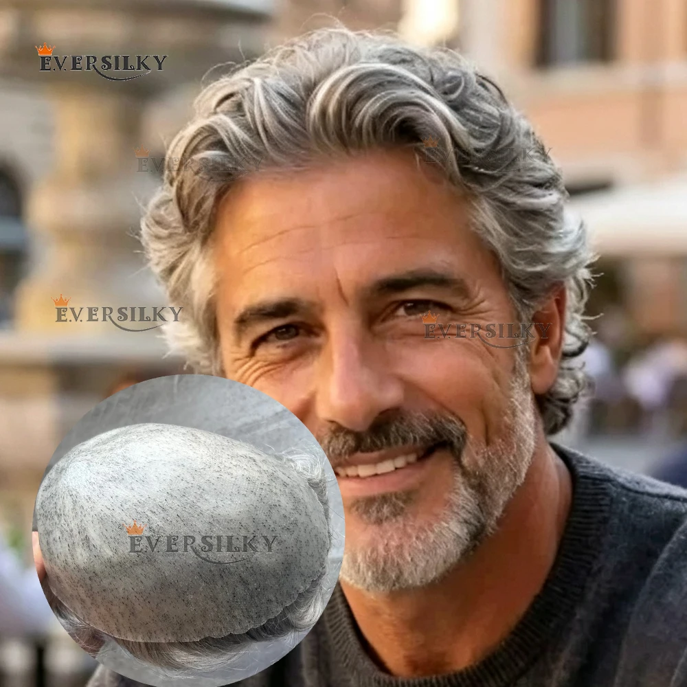 Men's Capillary Prothesis 30mm Curly Black Grey Hair Natural Looking Cheapest Man Hairpiece 0.1mm Injected PU Full Microskin Wig