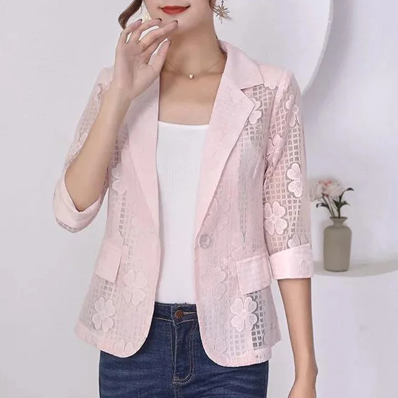 2023 Spring and Summer Fashion Slim Thin Mesh Hollowed Jacquard Casual Commuting Simple Temperament Three Quarter Sleeve Blazer