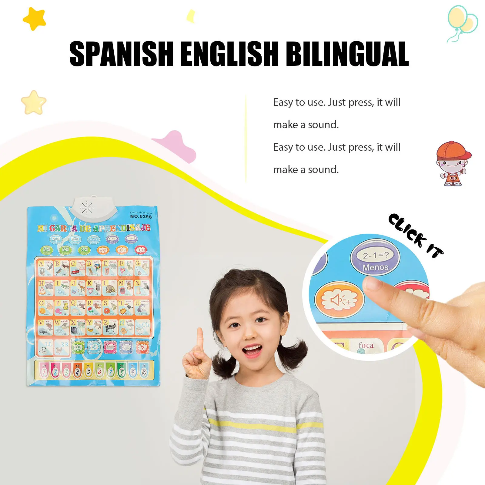 Spanish English Talking Poster Kids Learning Educational Wall Chart Waterproof Wear Resistant Press Sound Activation Early