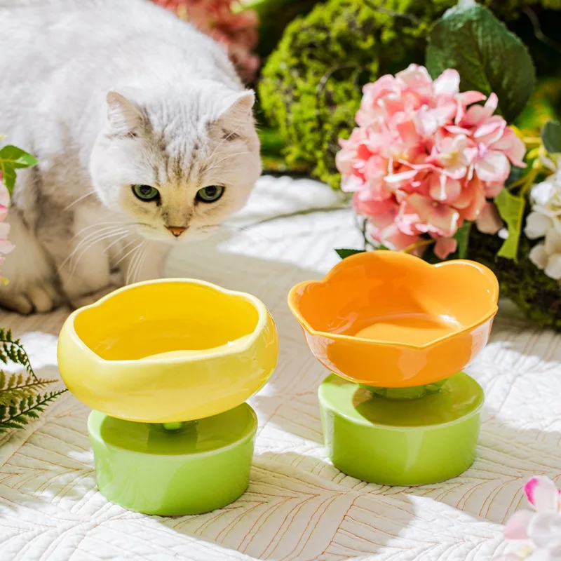 

Cat Ceramic Bowl Elevated Small Dogs Food Water Feeders Raised Pet Drinking Eating Accessories