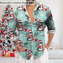 Christmas Men's Long Sleeve Button Shirt Snowman and Penguin Pattern Series 3D Printing Comfortable All-match Trendy Shirt