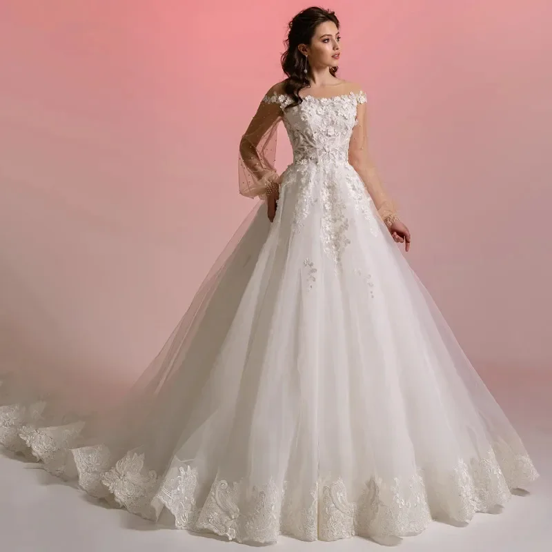 Modern A-line Scoop Neck Puff Sleeves Wedding Dress Lace Appliques Beaded Pearls Vestidos De Noiva Elegant Bridal Ball Gown