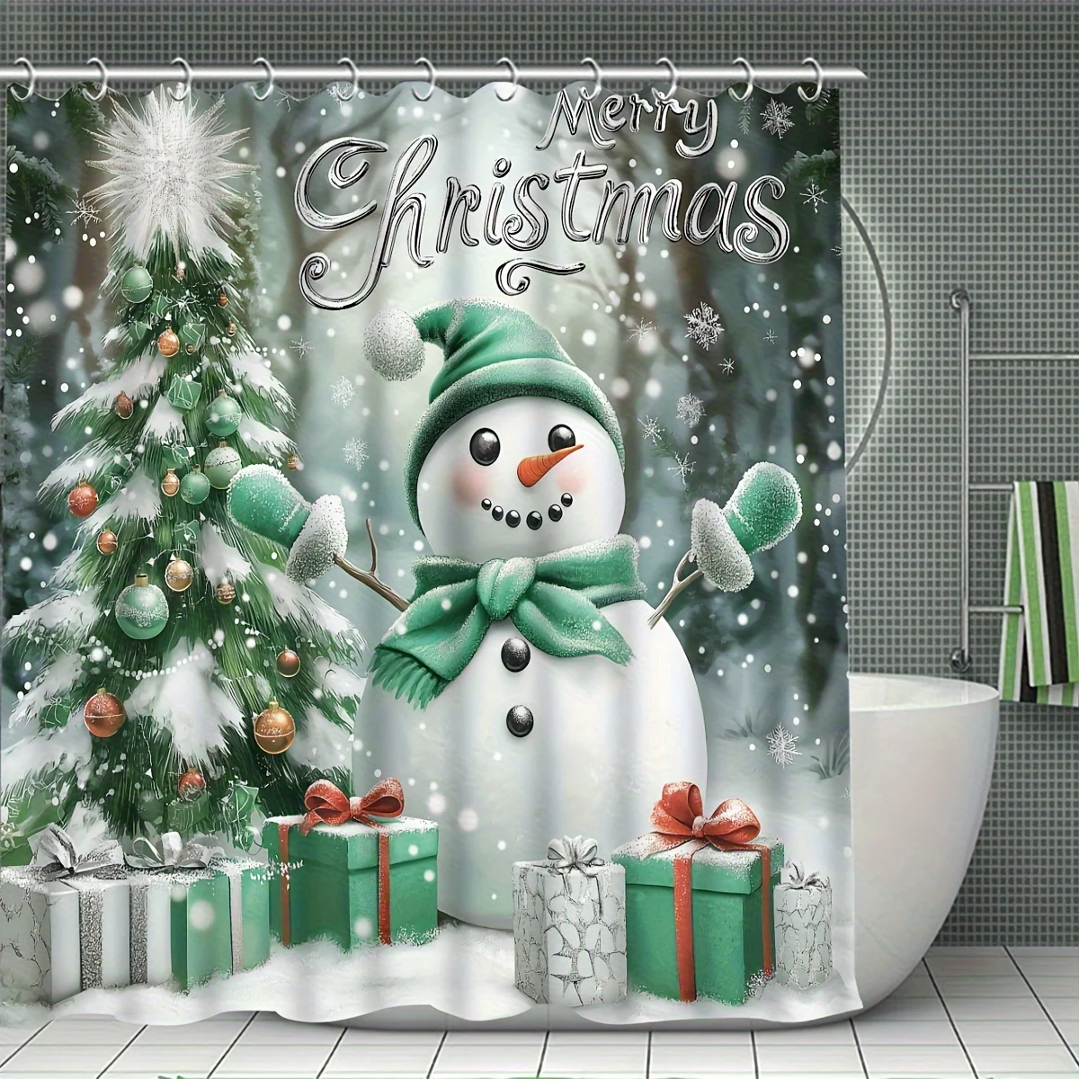 4PCS Merry Christmas Shower Set – Funny Snowman Green White Print 12 Hooks Non-Slip Mat U-Seat Cover Holiday Decor