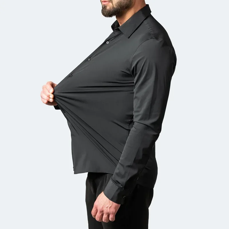 Plus Size High Elasticity Seamless Spandex Shirt Men Long Sleeve Slim Fit Casual Solid Color Social Formal Dress Shirts 50-110KG