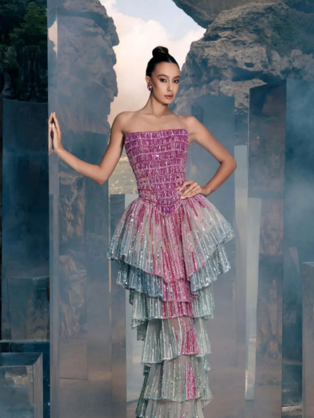 Gradient Tiered Beaded Evening Dress Captivating Strapless Long Red Carpet Gowns Customized Exquisite Sleeveless Banquet Gowns