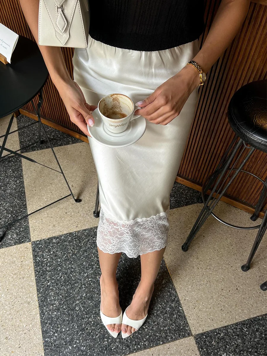 

Элегантная атласная однотонная белая черная длинная юбка для женщин, кружевная лоскутная юбка трапециевидной формы с высокой талией, лето 2022, женская макси-юбка, новинка