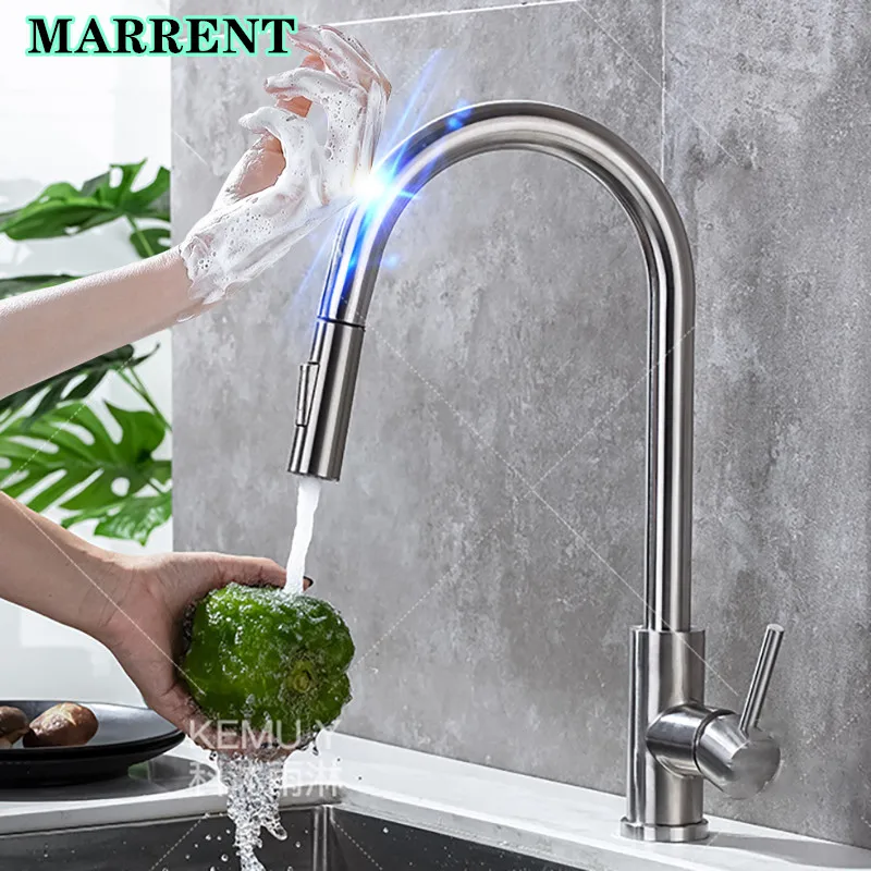 Brushed Nickel Touch Kitchen Mixer Tap Handfree Hot Cold Pull Out Kitchen Sink Mixer Faucet Smart Sensor Touch Kitchen Faucets