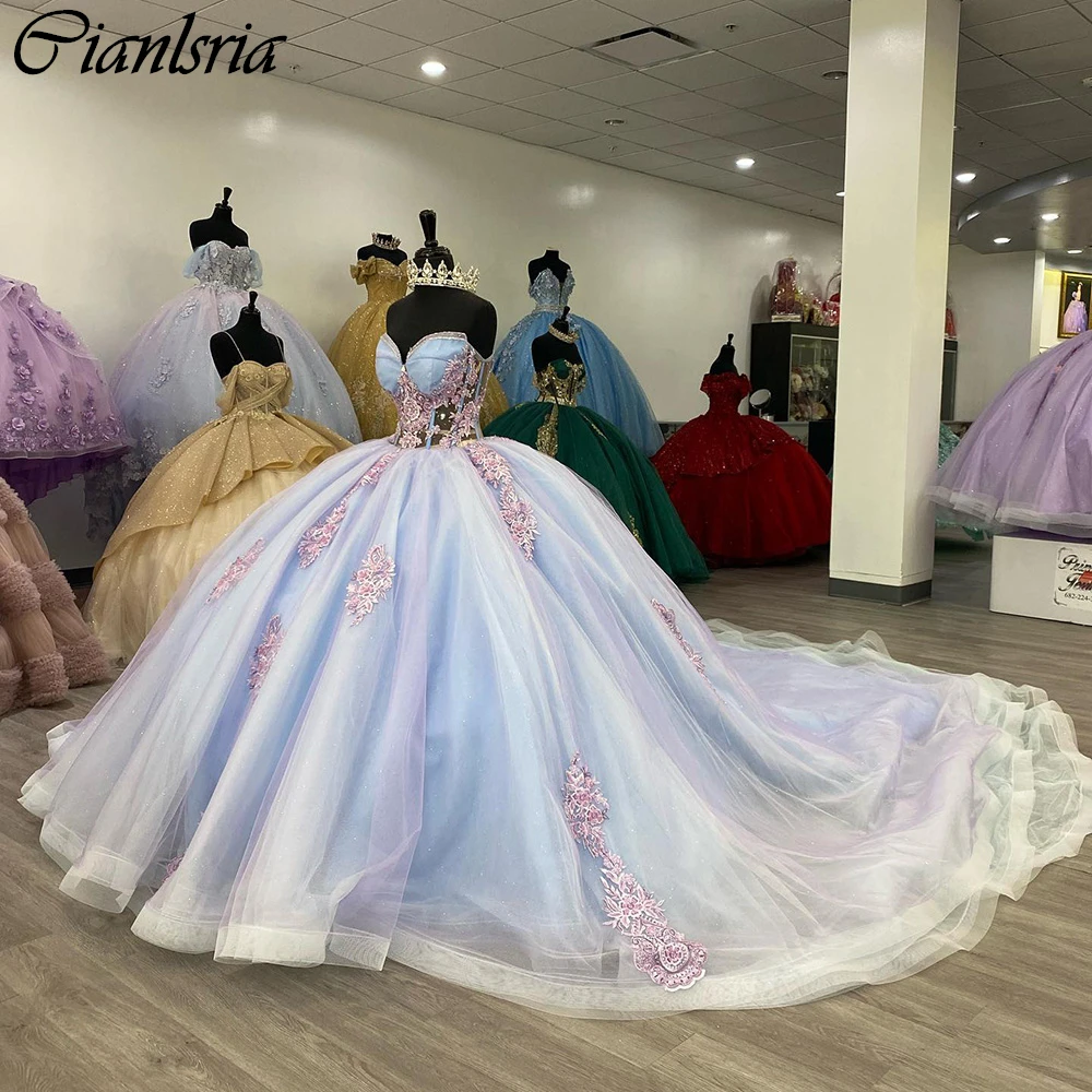 Vestidos Quinceanera de cristal sem mangas, vestido de baile, apliques rosa ilusório, espartilho de renda azul claro, 15 anos