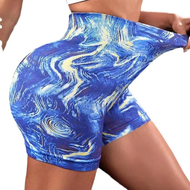 Tie-dye New Tie Dyed Yoga Shorts with High Waist and Hip Lift Three Piece Fitness Pants for Women Fitness Seamless Leggings