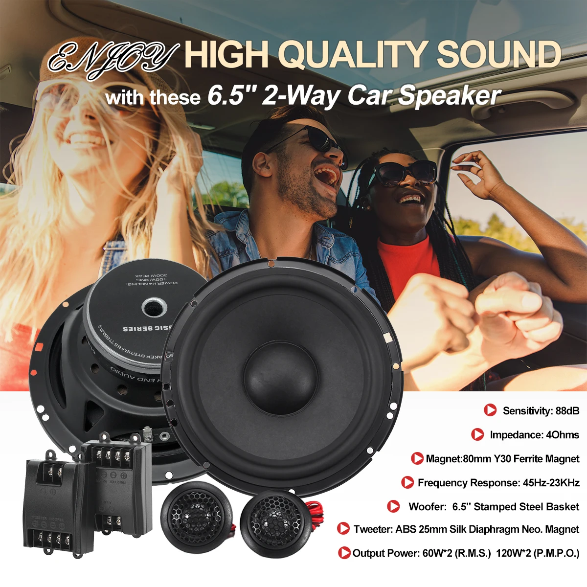 Exclusive car coaxial speakers Alternative 6.5 Inch RMS 60W*2 Stamped Steel Basket 88DB 40HM Composite Paper Cone Component Set