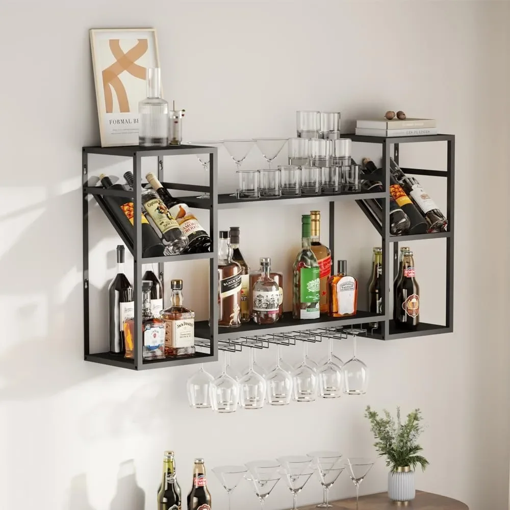 Metal Floating Bar Liquor Shelves 2 Tier, Wall Mounted Wine Rack with Glass Holder Storage, Wall Bar Shelf Wine Display Storage