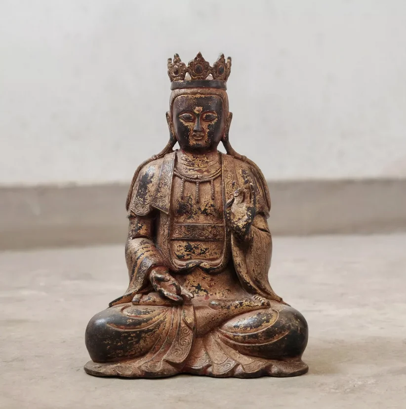 Antique Old copper Gilt statue Shakyamuni Buddha statues with a Crown 10inch