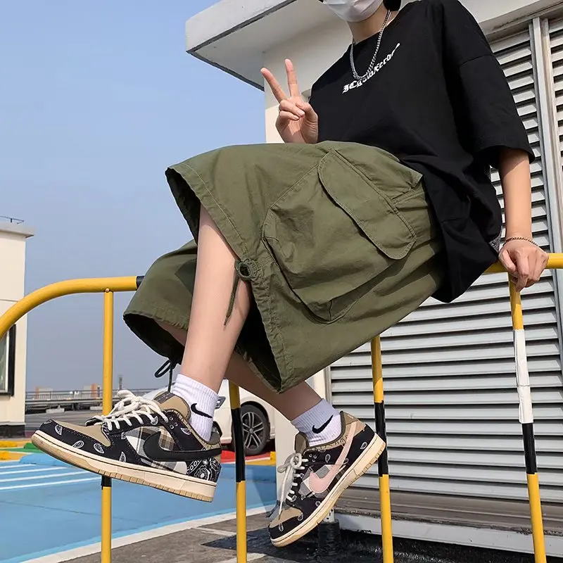 Men Cargo Drawstring Side Pocket Vintage Retro Shorts Ins Chic Amy Green Khaki Dance Ulzzang Harajuku Yamamoto Style Shorts