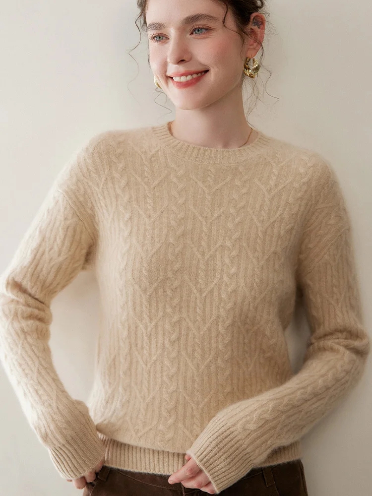 

Aliselet Women 100% Cashmere Sweater O-neck Pullover Cable Knitting Vintage Preppy Style Cashmere Knitwear Autumn Winter Clothes