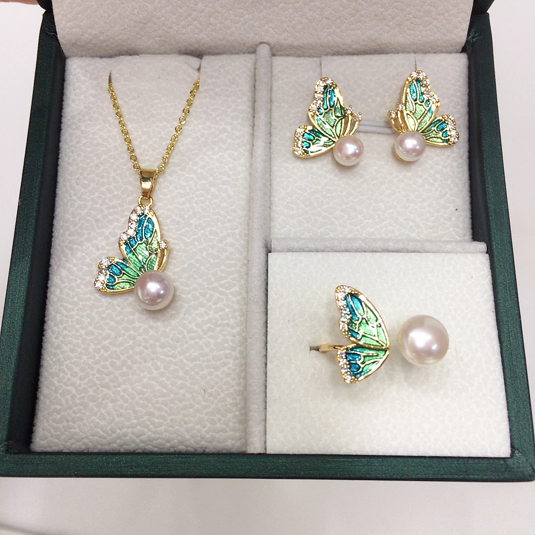 

Freshwater Pearl Jewelry Set Enamel Colors Butterfly Gradient Sparkling Zircon Earrings Rings Pendants Ethereal Aura Gift