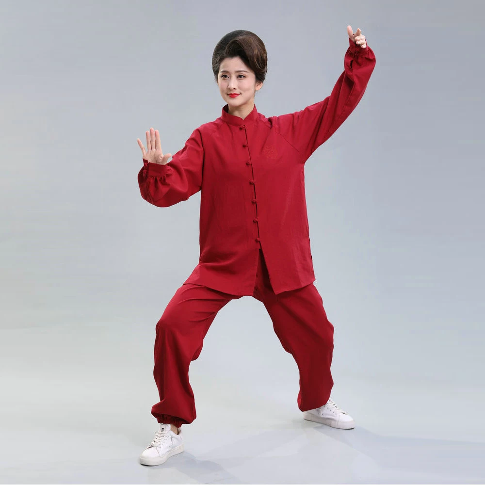 Chinese Tai Chi Kung Fu Twinset For Women Top And Pant 2 Pieces Suit Set Buddhist Mood Black Red Tea Break Style Cosy Outfits