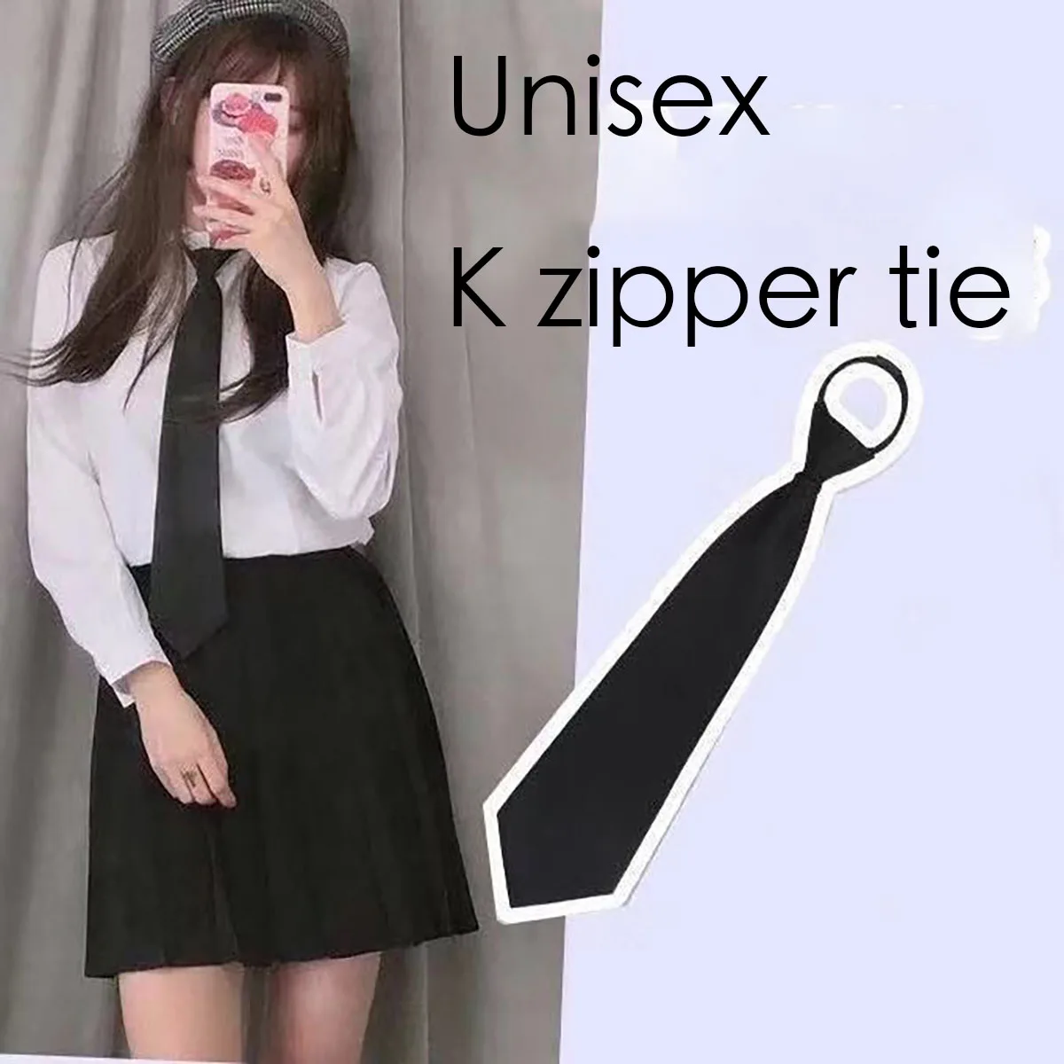 No tie new men's and women's JK tie zipper collar solid color fashion black tie academic style lazy style