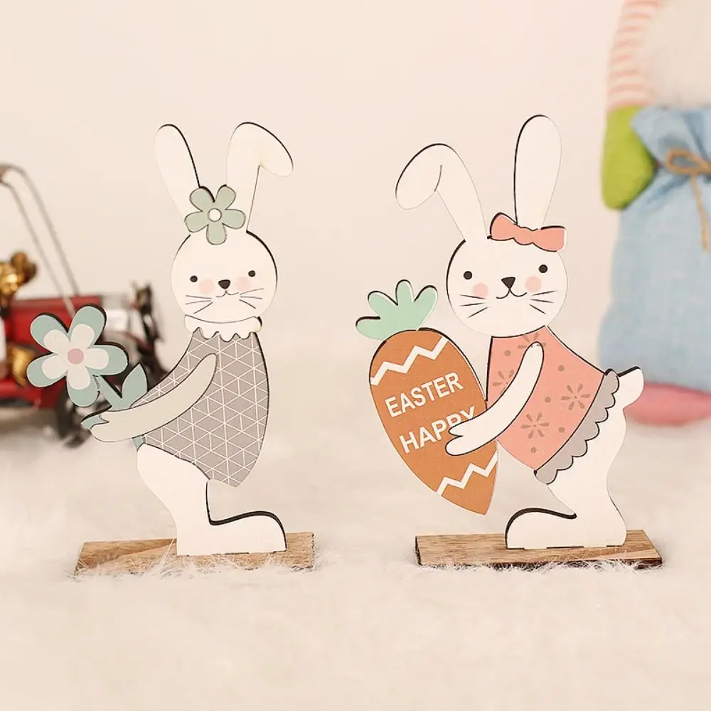 Funny Wood Crafts Easter Rabbit Ornaments Cute Cartoon Carrot-holding Rabbit Figurine DIY Painted Rabbit Ornaments Holiday